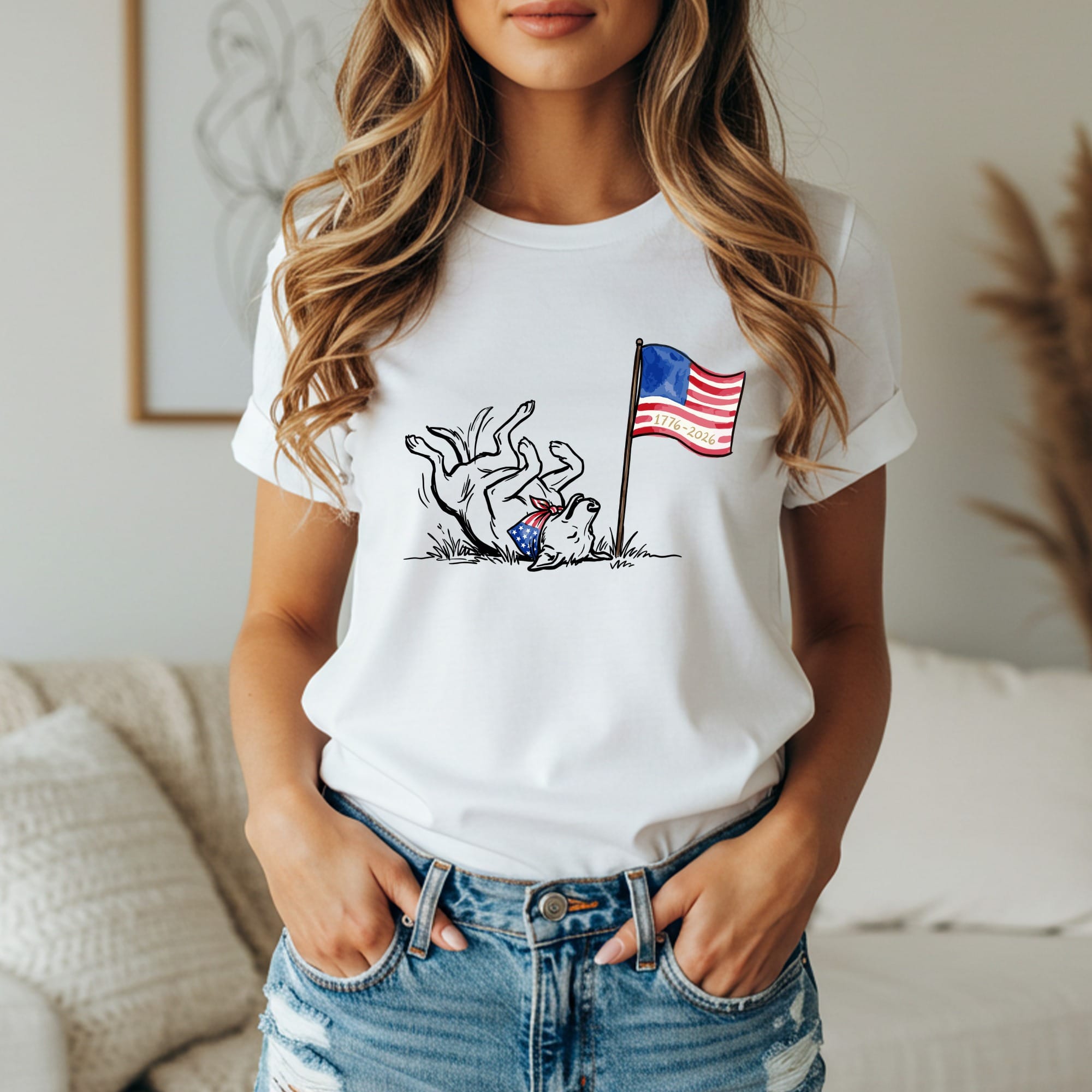 White t-shirt with distressed American flag and dog playing, text "1776-2016".
