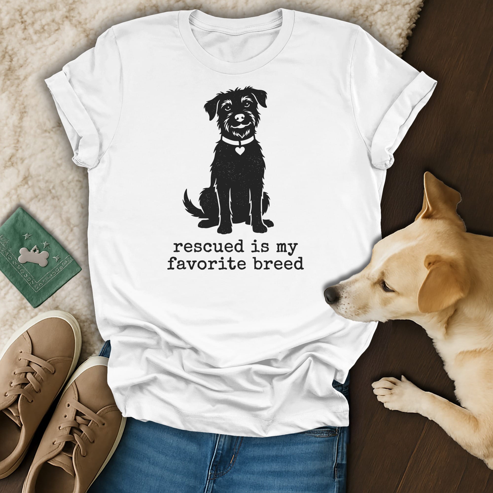 White t-shirt with black dog silhouette and "Rescued is my favorite breed" text.