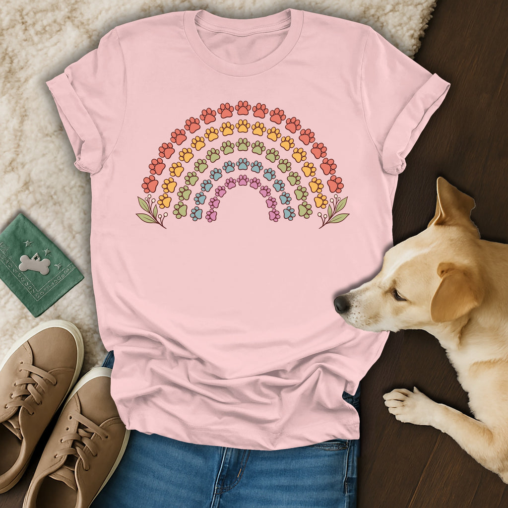 Flat lay of a pink t-shirt featuring a rainbow made of colorful paw prints, surrounded by shoes, a dog, and accessories.