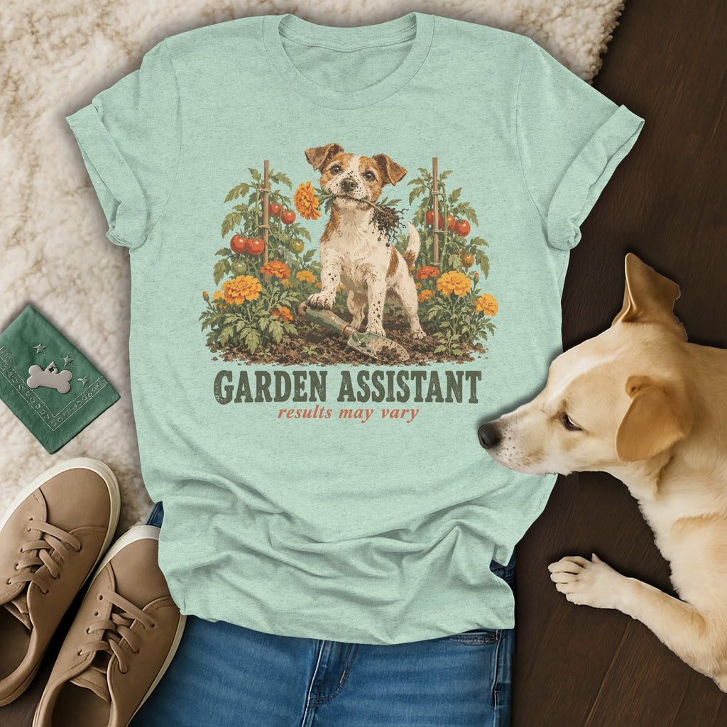 Light green t-shirt with a vintage graphic of a Jack Russell terrier gardening, surrounded by tomato plants, with the text GARDEN ASSISTANT results may vary.