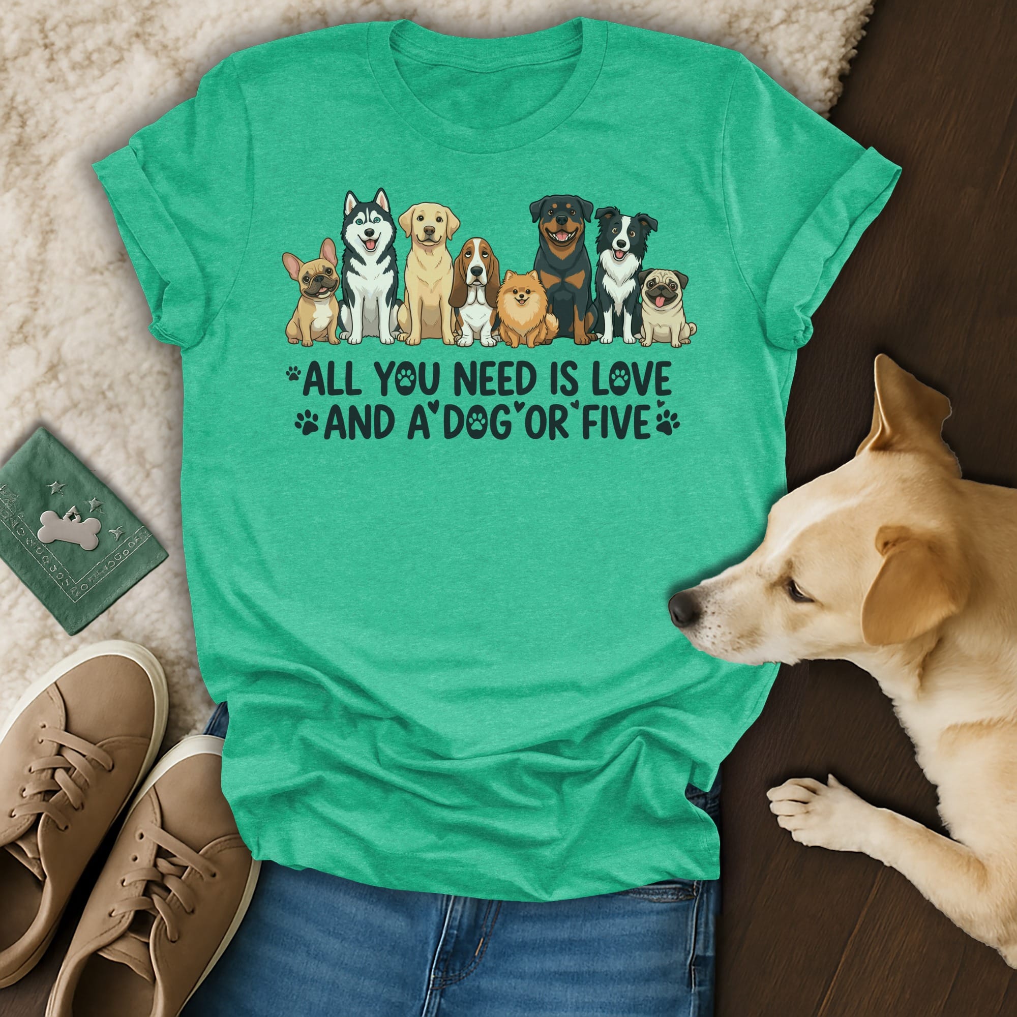 T-shirt with dogs and text "All you need is love and a dog".