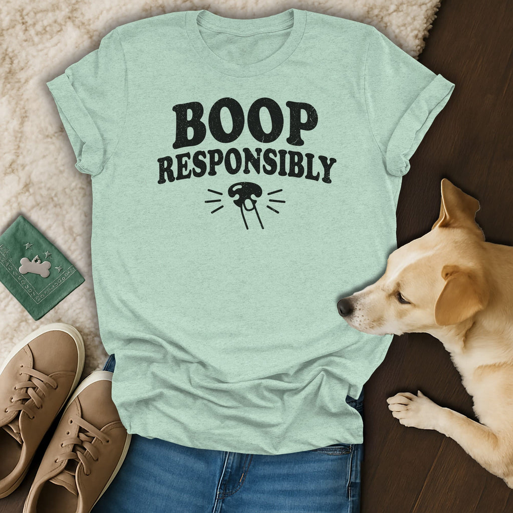 Light blue t-shirt with "BOOP RESPONSIBLY" text and dog graphic.