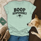 Light blue t-shirt with "BOOP RESPONSIBLY" text and dog graphic.