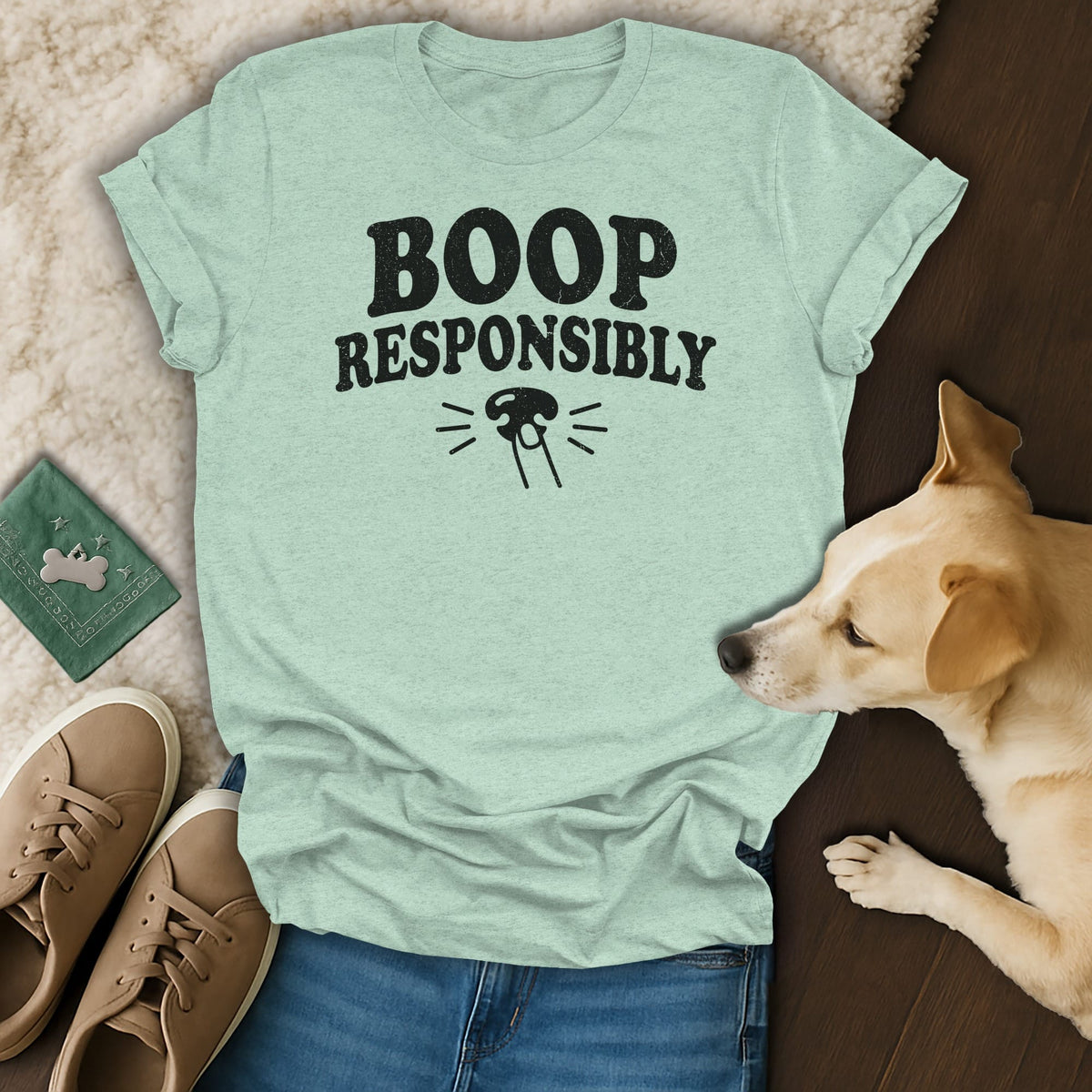Light blue t-shirt with "BOOP RESPONSIBLY" text and dog graphic.