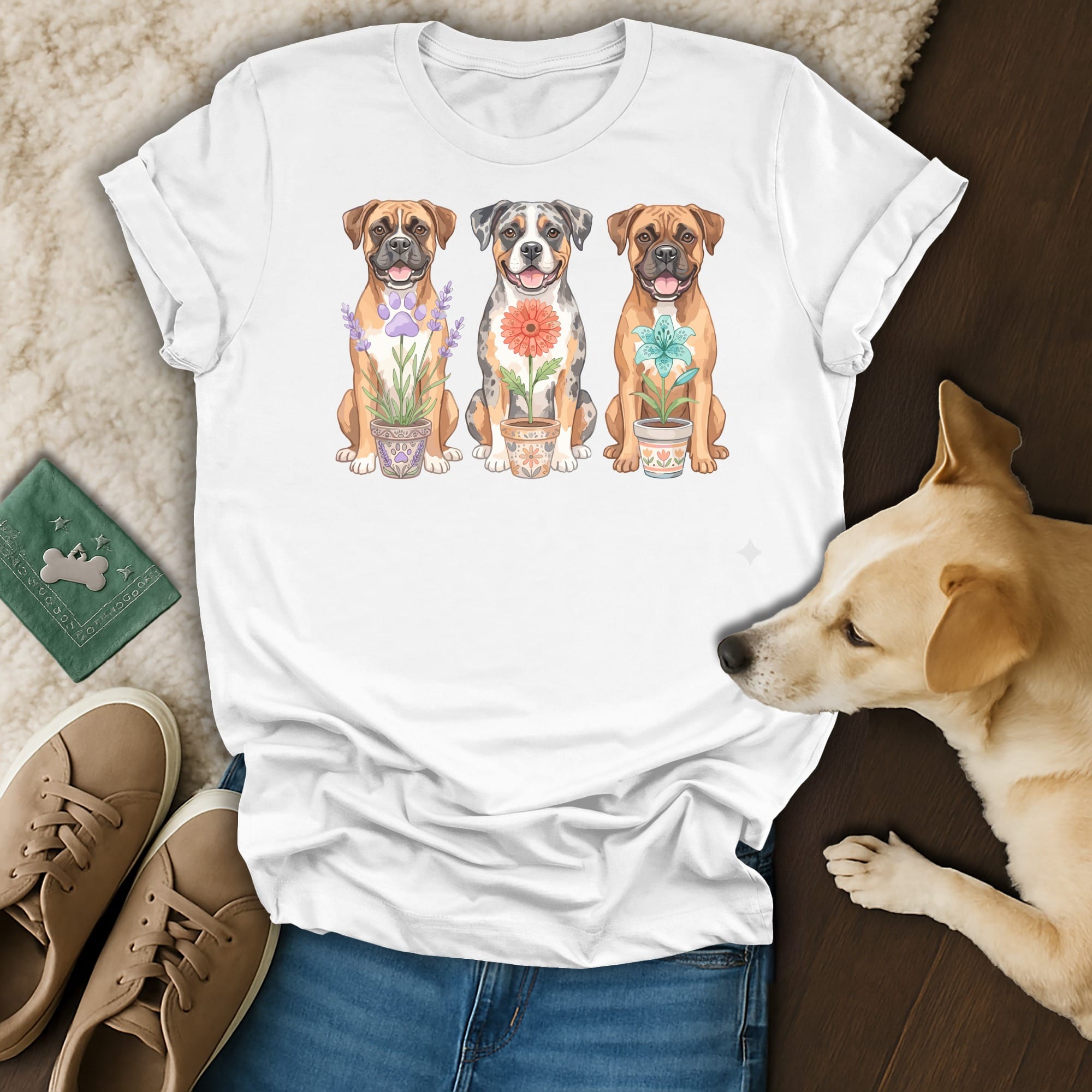 White t-shirt graphic with three dogs and potted flowers.