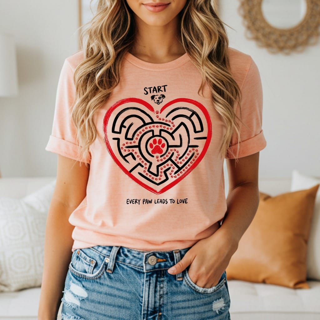 Peach t-shirt with a heart maze graphic featuring paw prints and text.