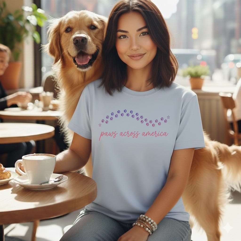 Woman with golden retriever at table, wearing t-shirt with paw prints.