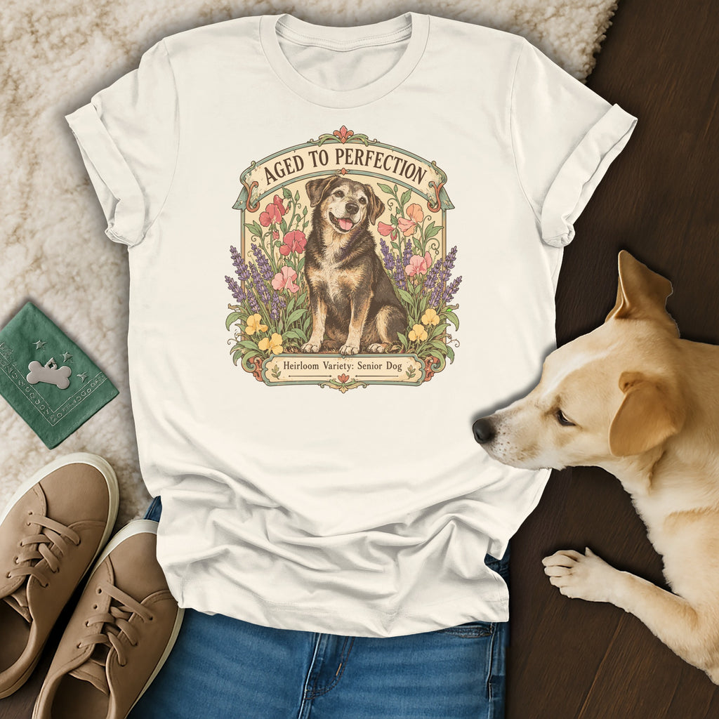A cream-colored t-shirt featuring a vintage floral graphic of a senior dog with text reading Aged to Perfection.