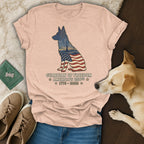 T-shirt with German Shepherd silhouette, US flag, and patriotic text.