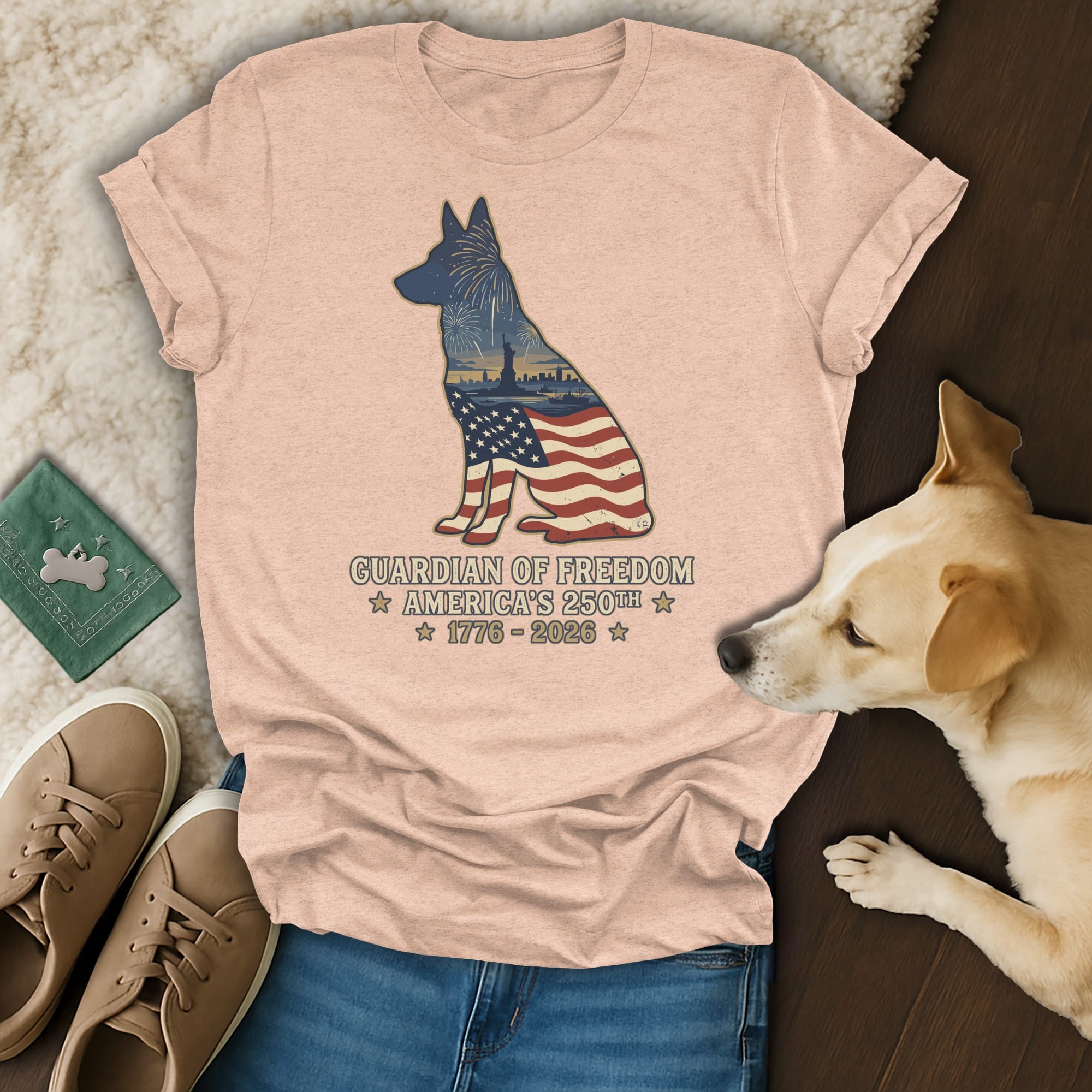 T-shirt with German Shepherd silhouette, US flag, and patriotic text.