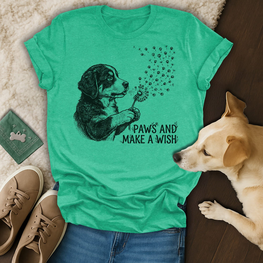 T-shirt with a dog blowing dandelion seeds, text "Paws and Make a Wish".
