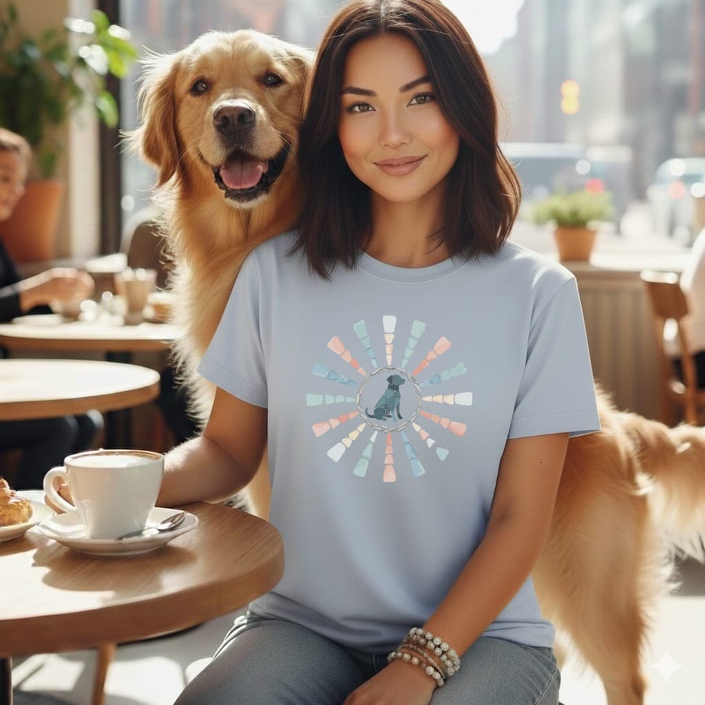 Woman wearing light blue t-shirt with dog graphic and golden retriever behind her.