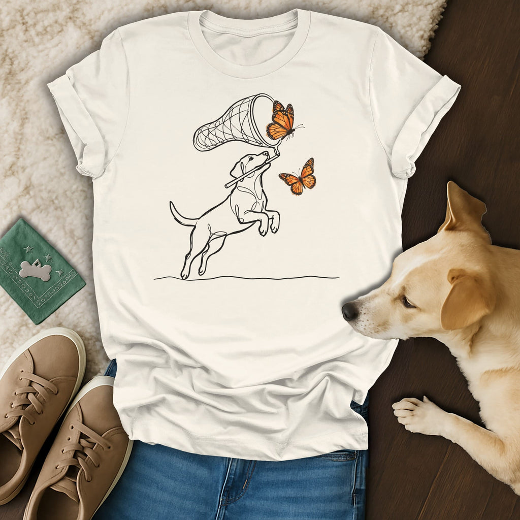 Dog jumping to catch butterflies with a net.