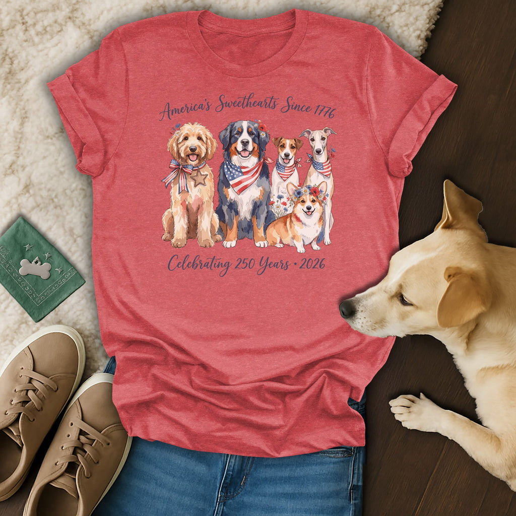 Four dogs in patriotic bandanas and a corgi celebrate America's 250th anniversary.