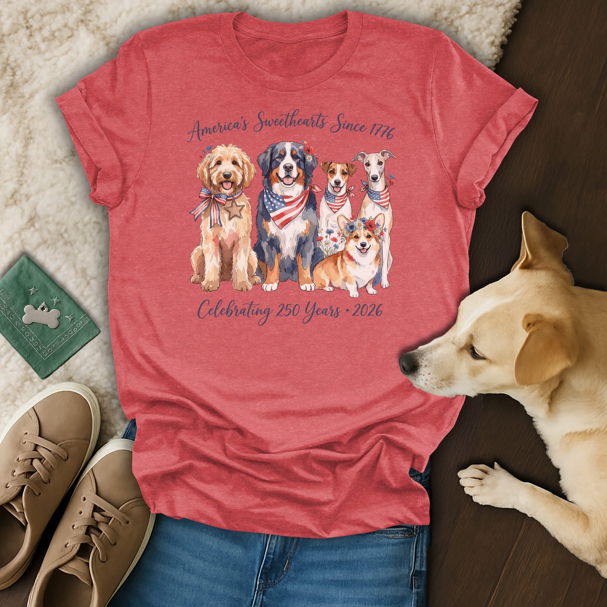 Four dogs in patriotic bandanas and a corgi celebrate America's 250th anniversary.