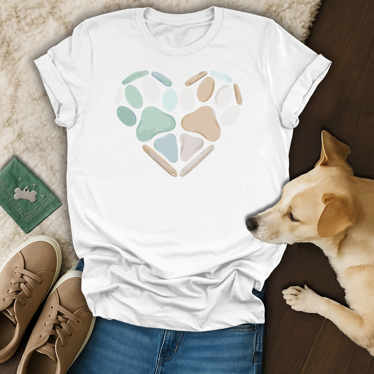 White t-shirt with pastel paw print heart graphic, worn by a dog.