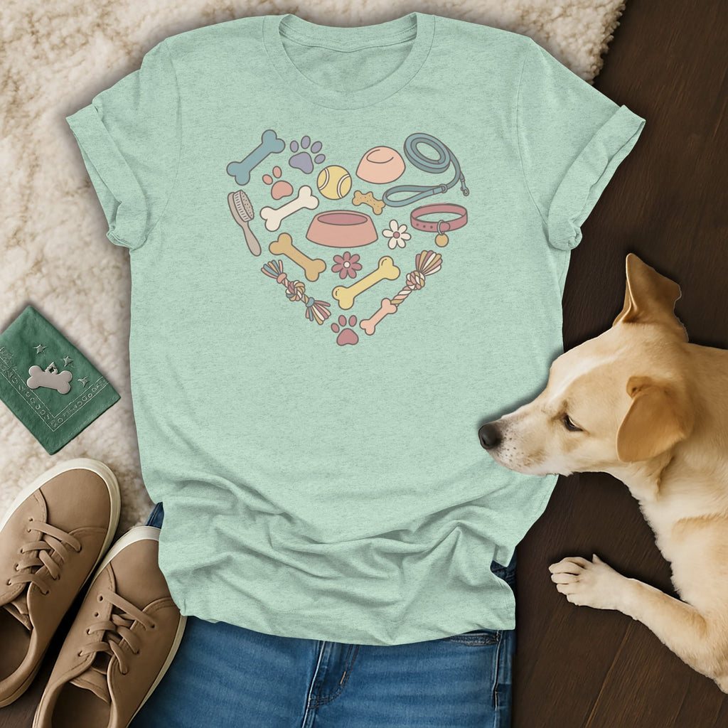 Mint green t-shirt with heart-shaped dog toys and accessories design.