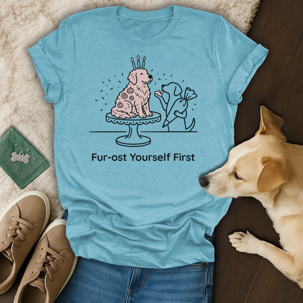 T-shirt with a dog wearing a birthday crown and text "Fur-ost Yourself First".