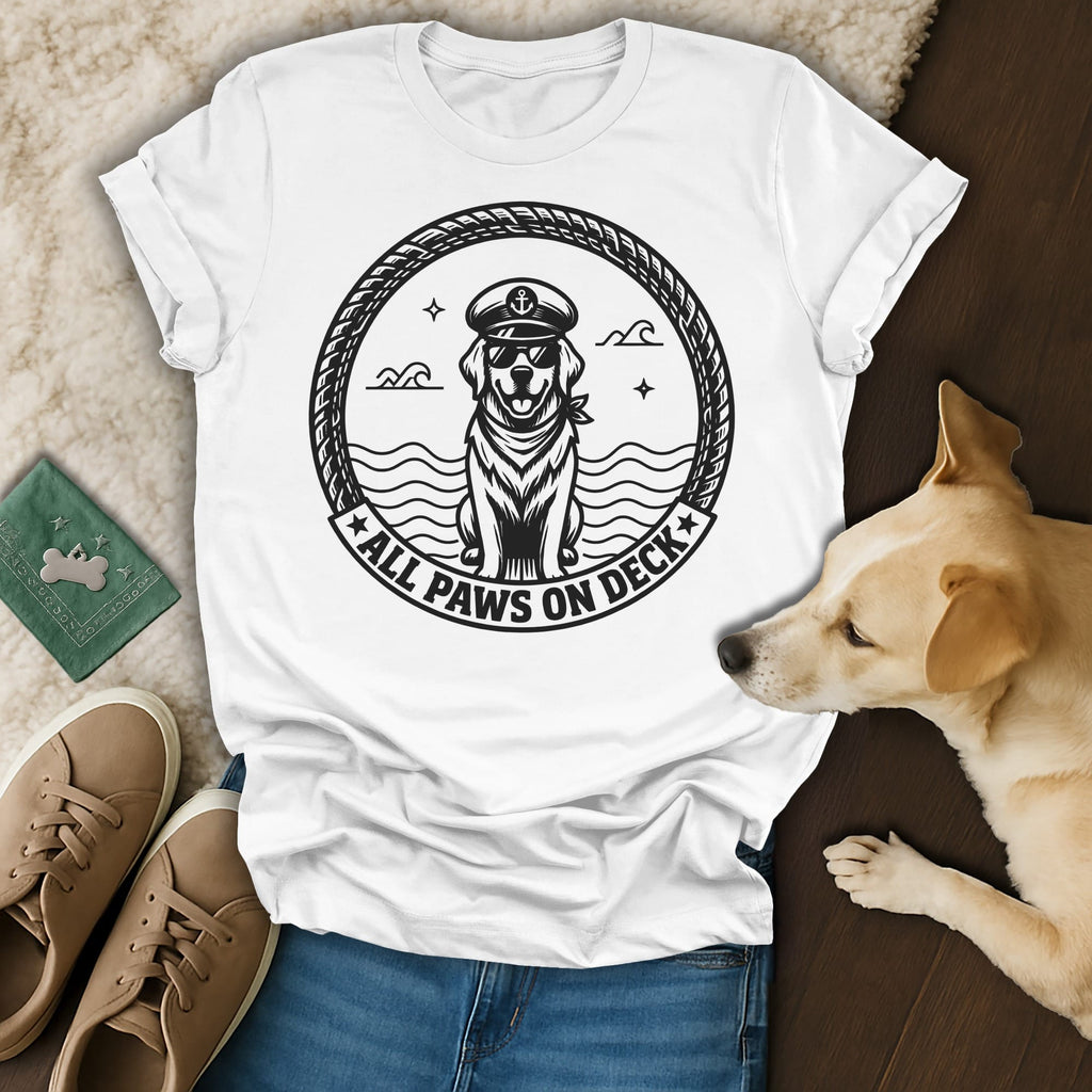 White t-shirt with "All Paws on Deck" text and a dog wearing a captain's hat.