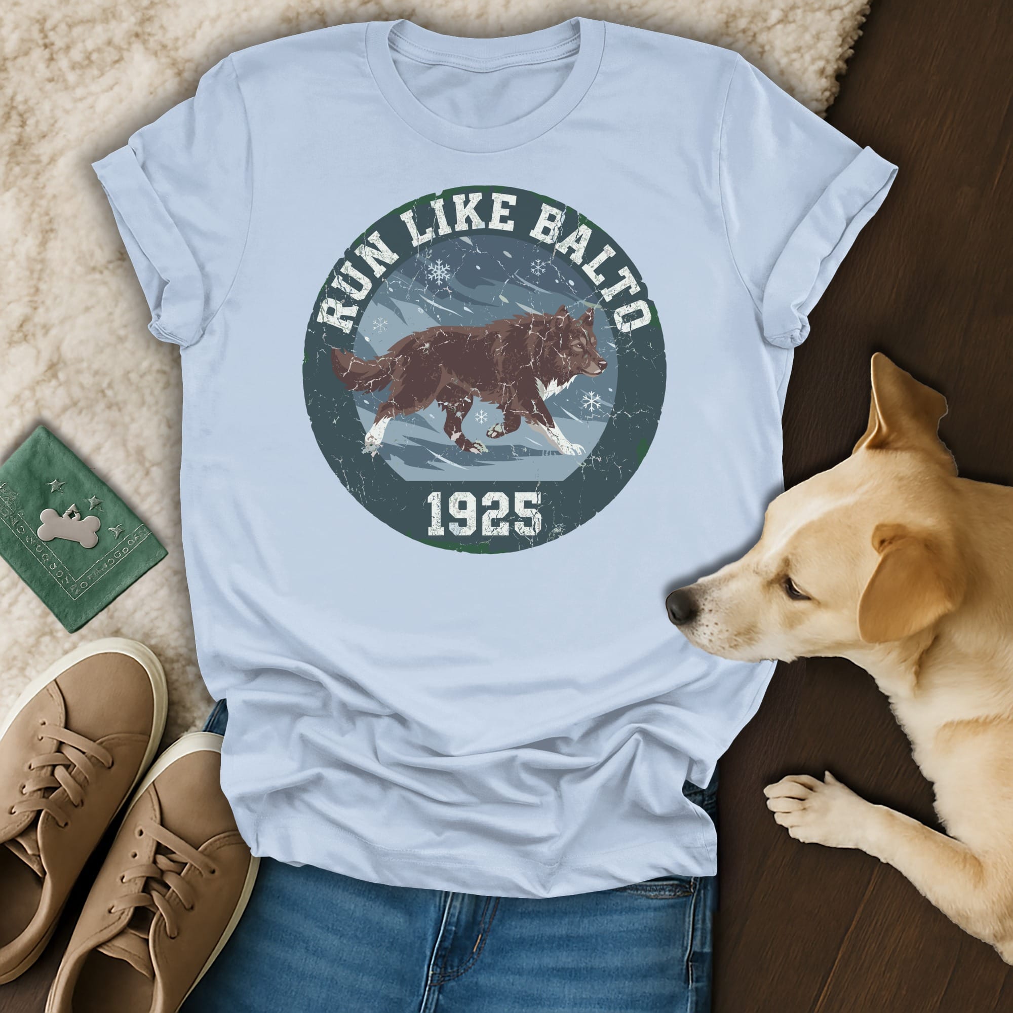 Light blue t-shirt with "Run Like Balto 1925" text and a dog graphic.