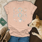 Peach t-shirt with "DOG MOM" text made of shells and sea glass.