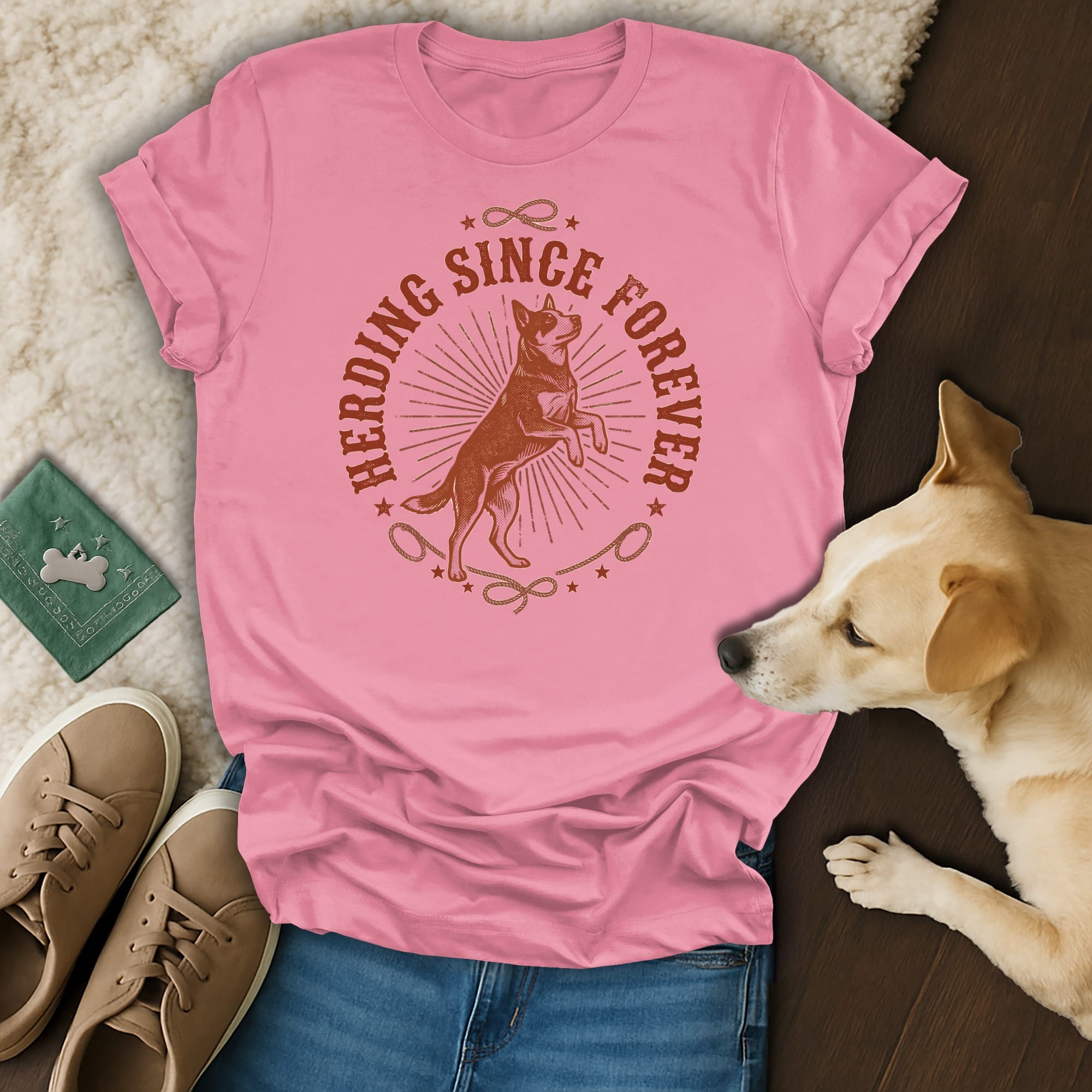 Pink t-shirt with "Herding Since Forever" and dog graphic.