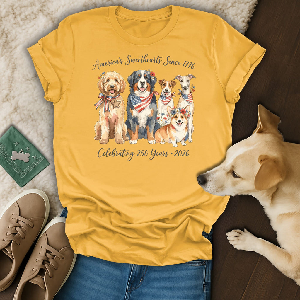T-shirt with dogs celebrating America's 250 years, 1776-2026.
