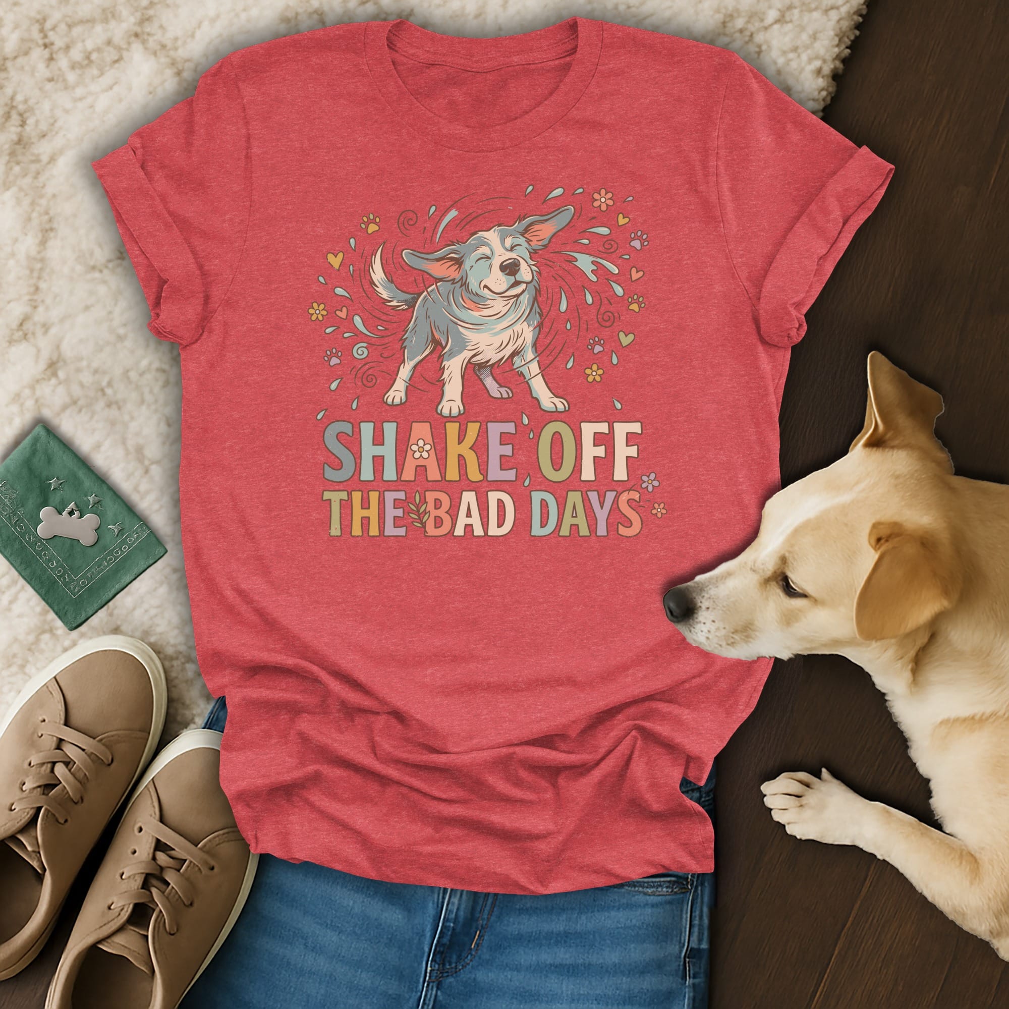 Red t-shirt with a dog graphic and text "SHAKE OFF THE BAD DAYS".