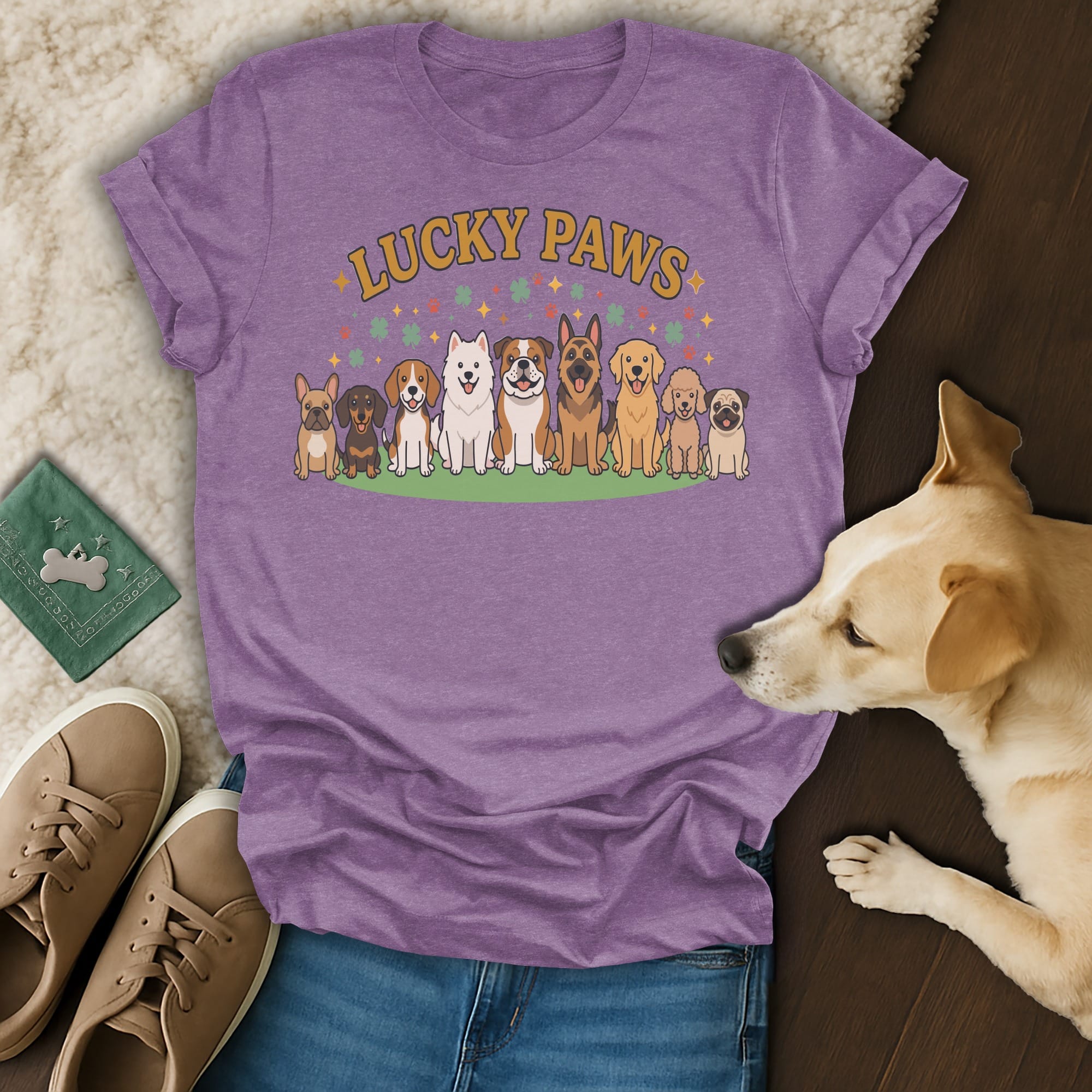 Purple t-shirt with "Lucky Paws" text and cartoon dogs sitting in a row.