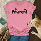 Pink t-shirt with "Pawrent" text and dog.