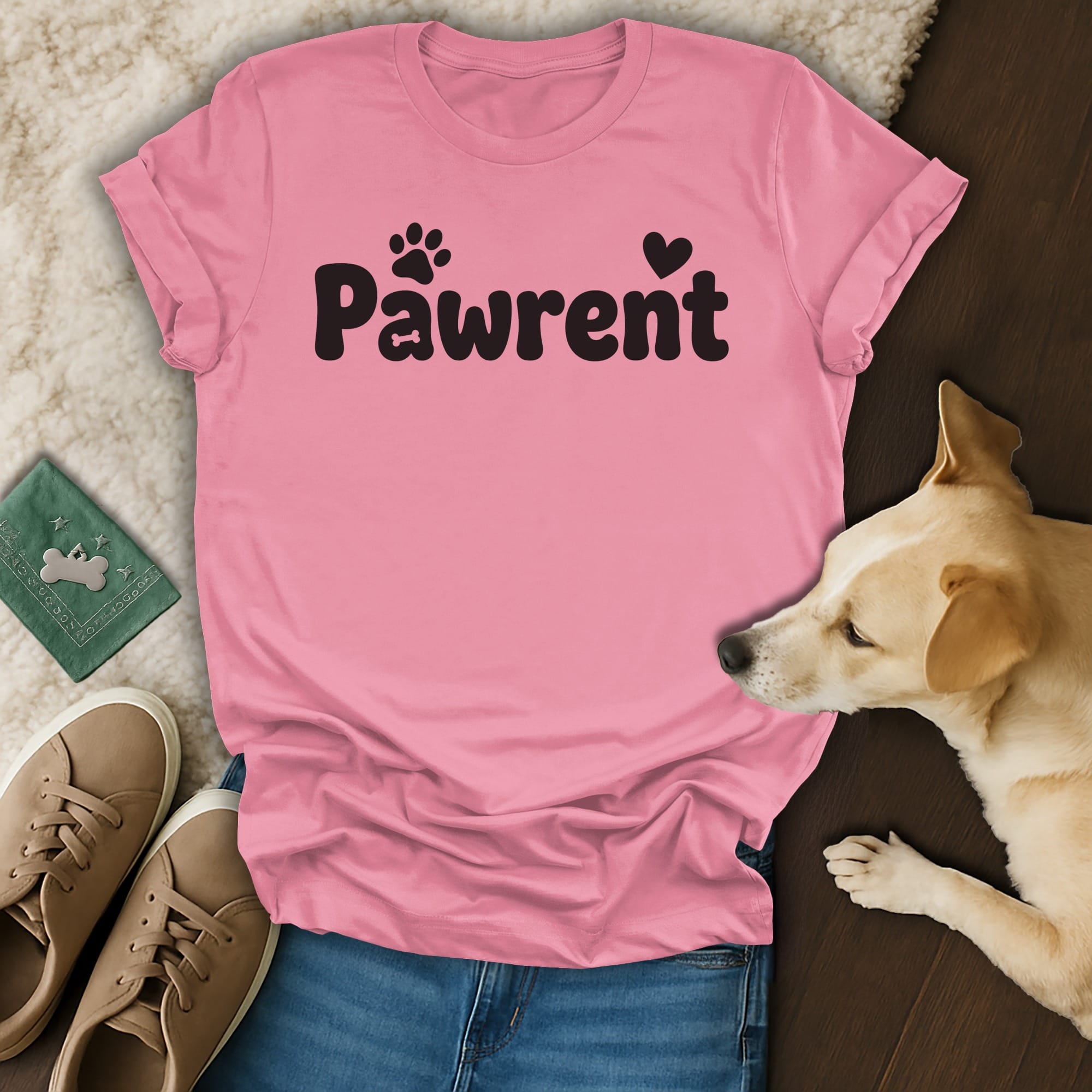Pink t-shirt with "Pawrent" text and dog.