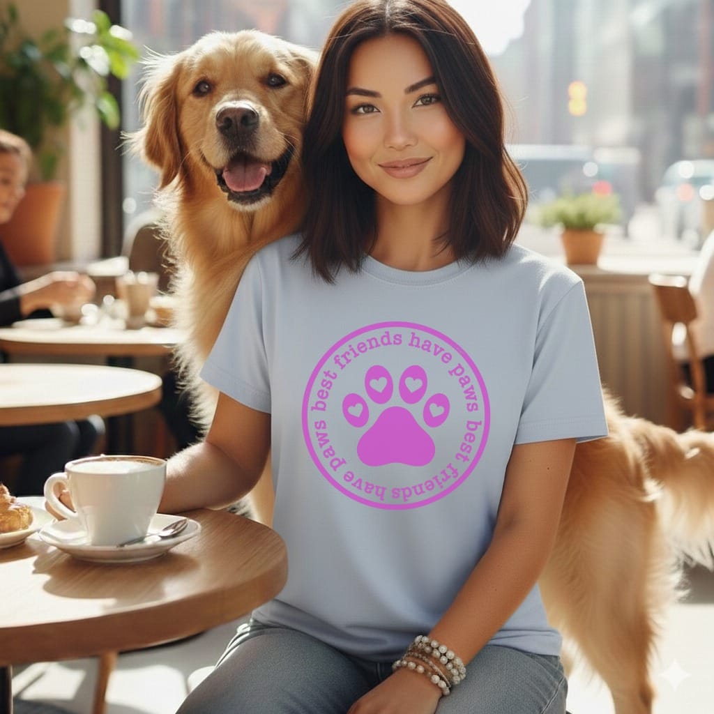 Woman with golden retriever wearing a t-shirt with a pink paw print and text.