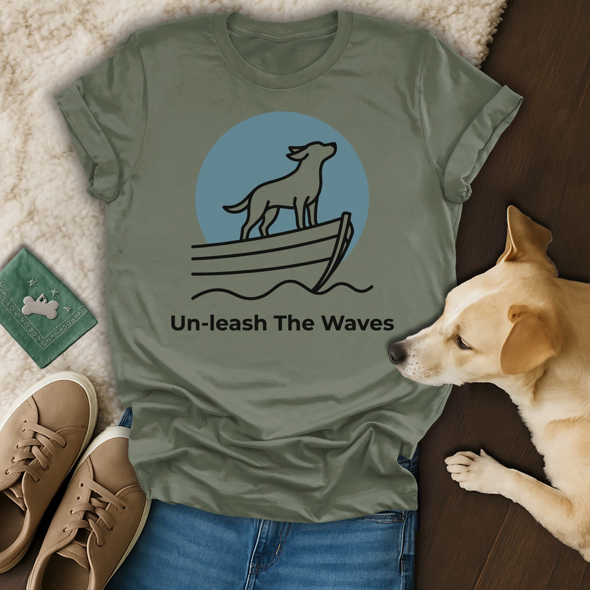 Dog on boat with "Un-leash The Waves" text on olive green t-shirt.
