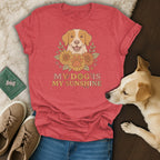 Red t-shirt with dog graphic and text "MY DOG IS MY SUNSHINE."