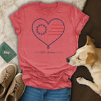 Red t-shirt with a heart design featuring paw prints and stripes, "250·America" text.