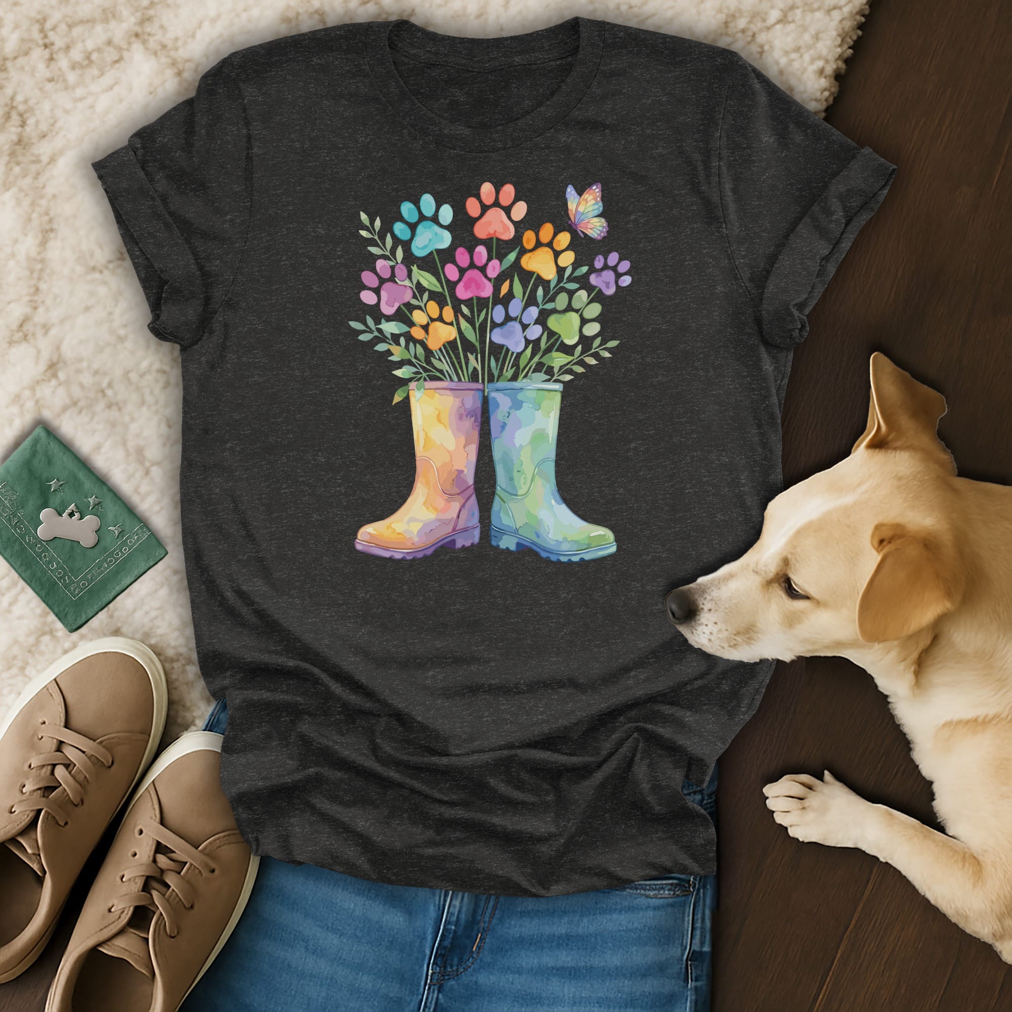 Dark gray t-shirt with watercolor rainbow paw print bouquet in rain boots.