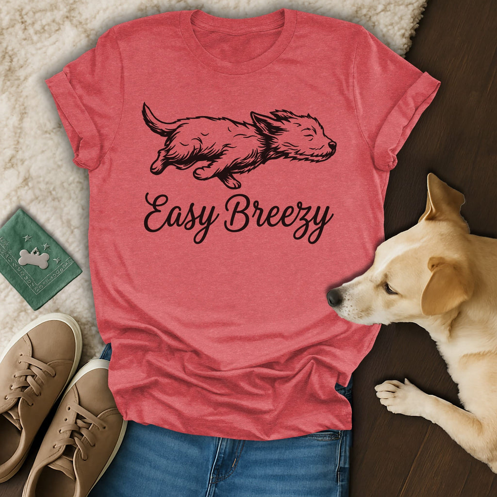 T-shirt with "Easy Breezy" text and a dog lying next to it.