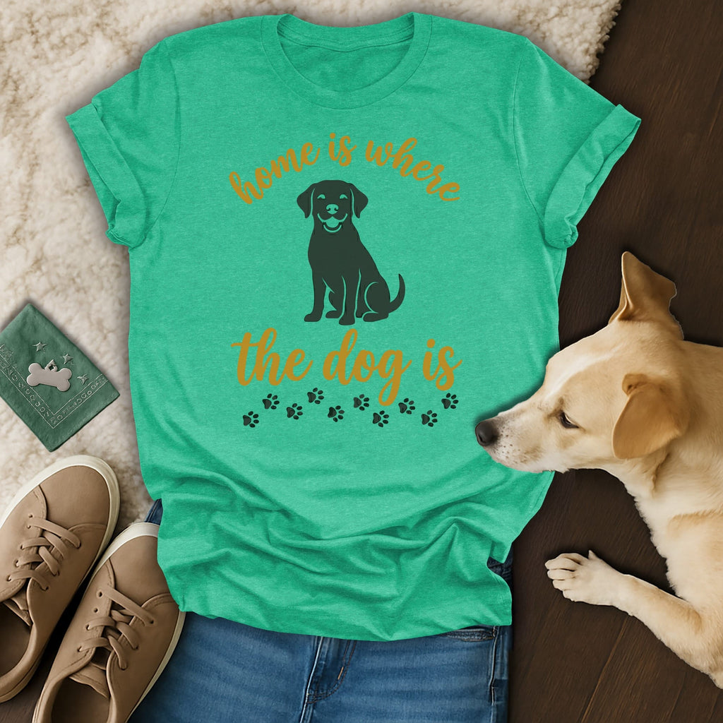 Teal t-shirt with "Home is where the dog is" and paw prints.