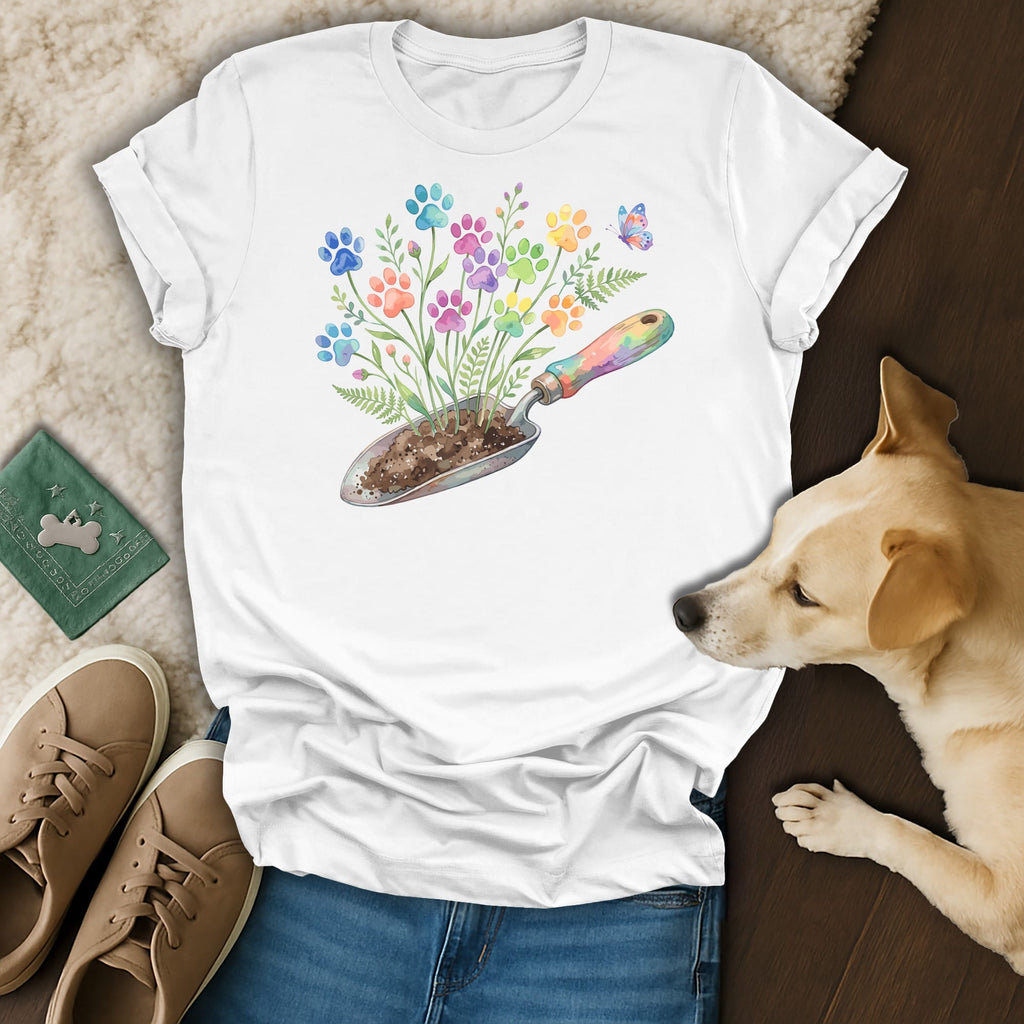 White t-shirt with watercolor paw prints growing from a trowel.