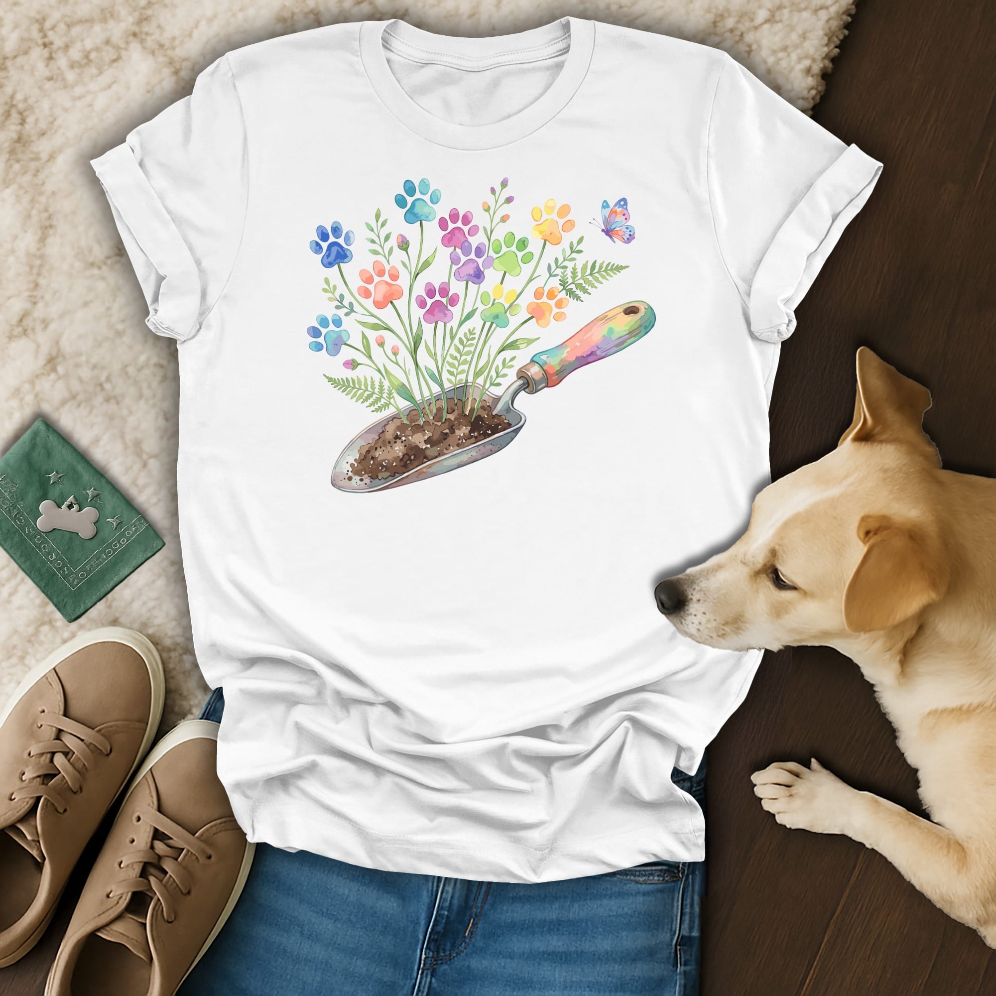 White t-shirt with watercolor paw prints growing from a trowel.