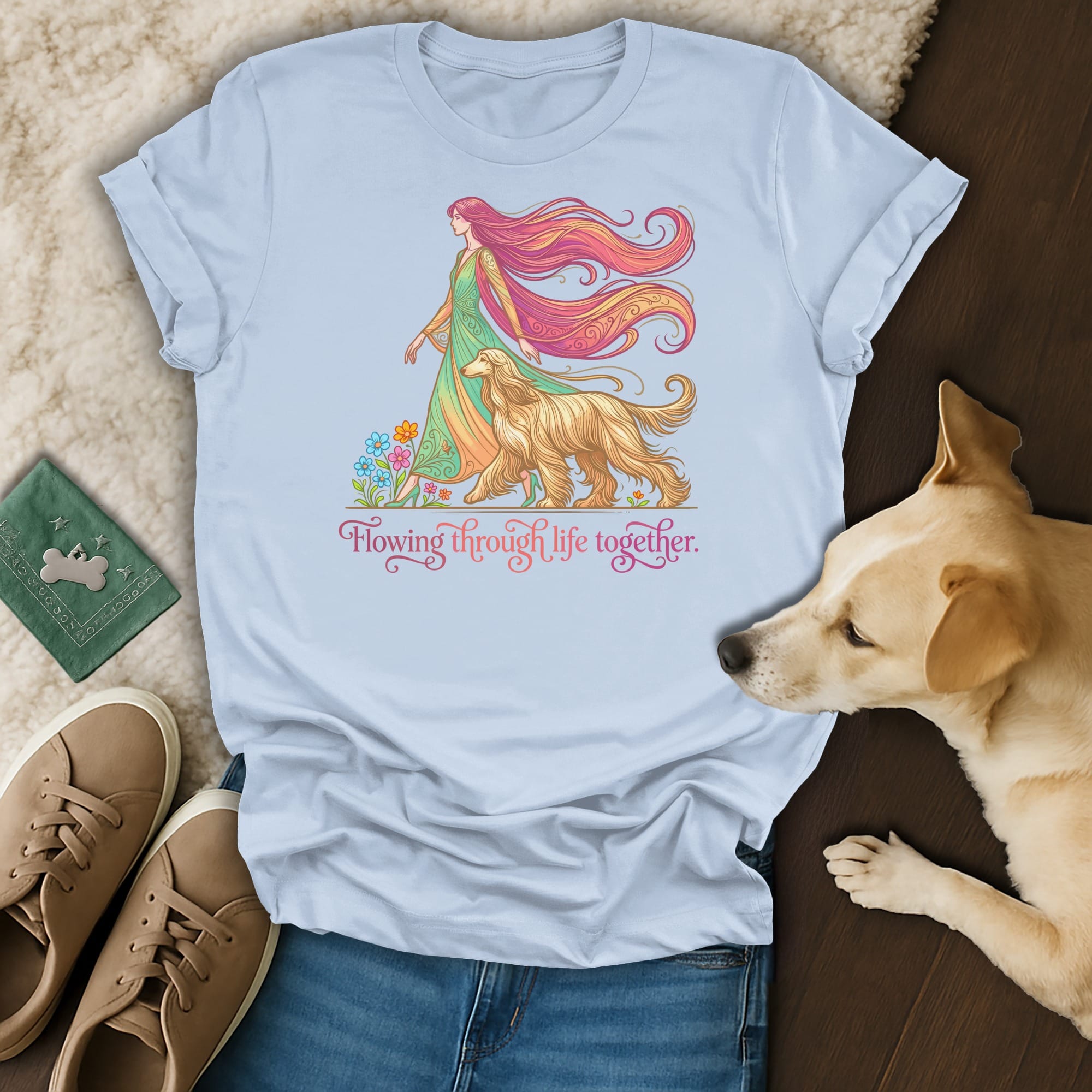 Woman with long flowing hair and dog walking together, "Flowing through life together."