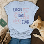 Light blue t-shirt with "RESCUE DOG CLUB adopt don't shop" and dog illustrations.