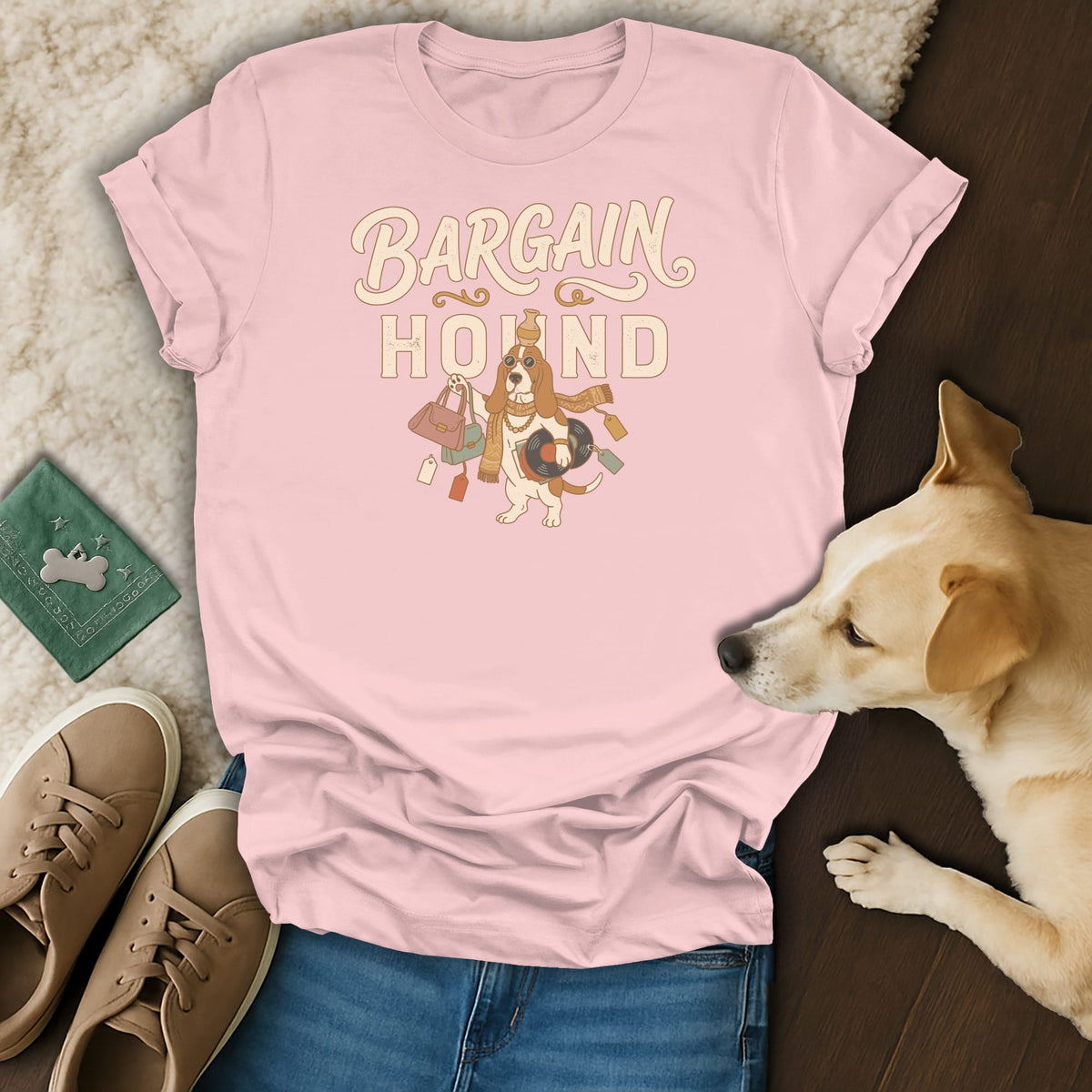 Pink t-shirt with "BARGAIN HOUND" graphic of a dog carrying shopping bags.