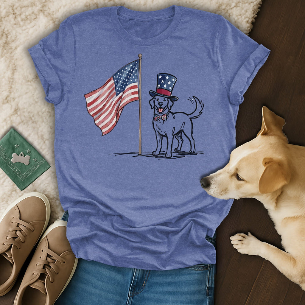 Dog in top hat salutes American flag on blue t-shirt.