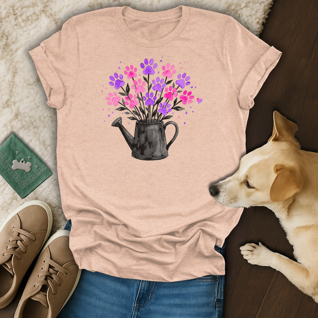 T-shirt with watering can overflowing with paw print flowers and dog beside it.