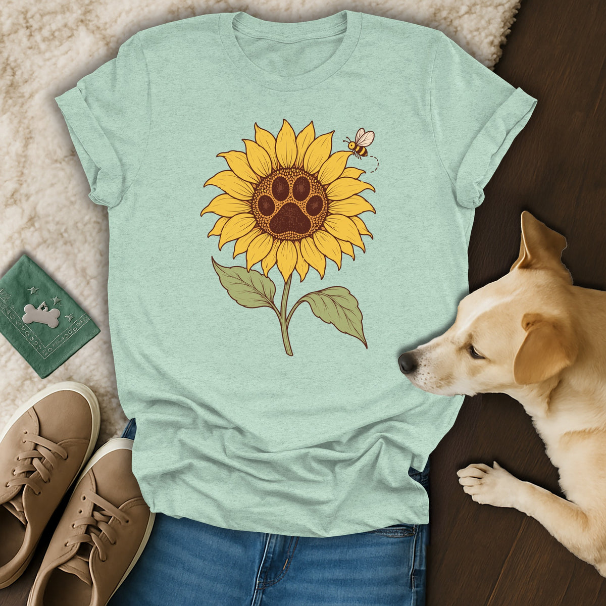 A light green t-shirt with a sunflower and paw print graphic is laid out near a dog, shoes, and jeans.