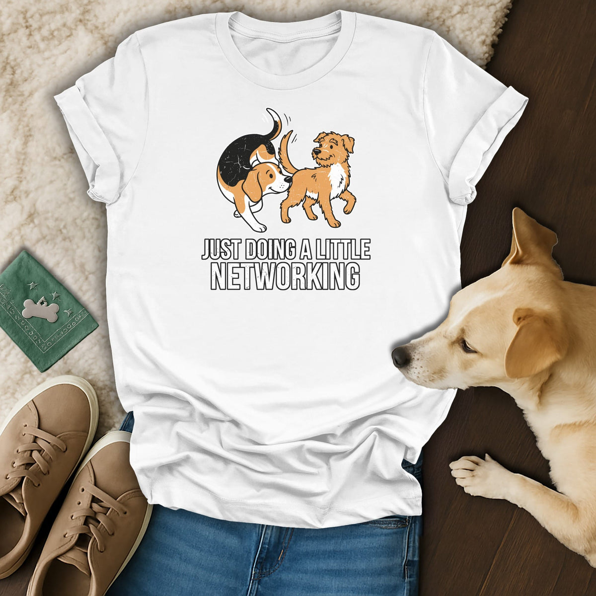White t-shirt with cartoon dogs and text "JUST DOING A LITTLE NETWORKING".