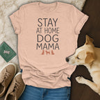 Peach t-shirt with "STAY AT HOME DOG MAMA" text and dog silhouettes.