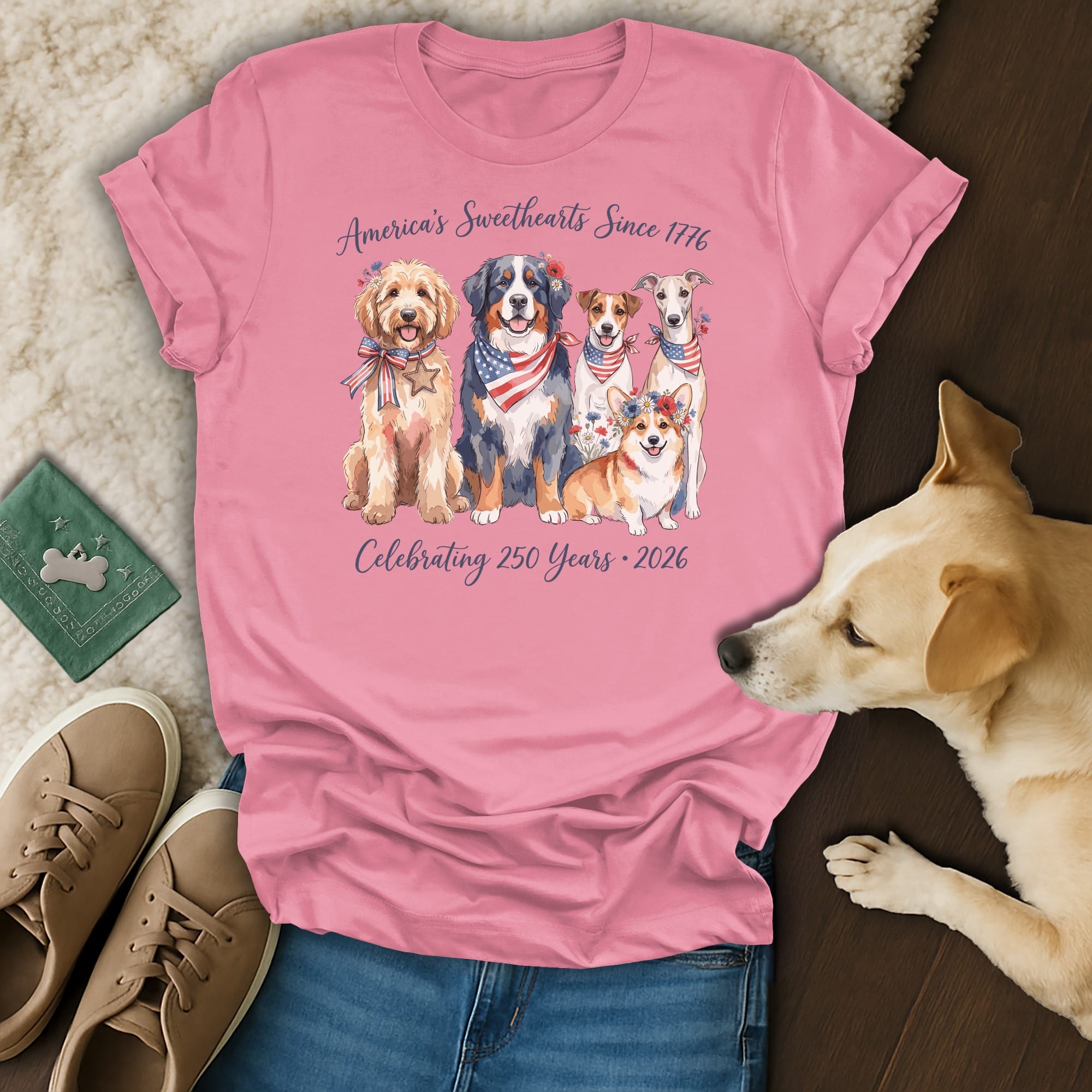 Four dogs in patriotic bandanas celebrate America's Sweethearts Since 1776.