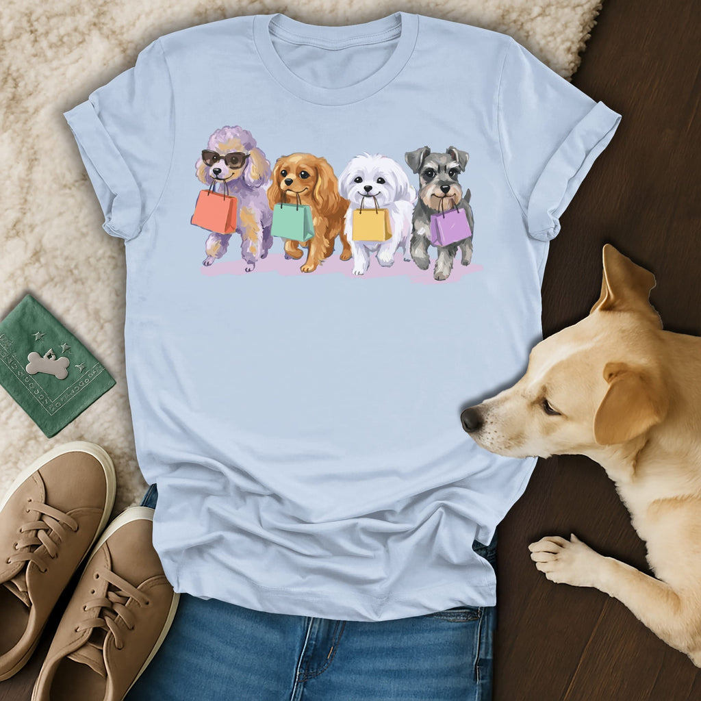 Four cartoon dogs in sunglasses with shopping bags.